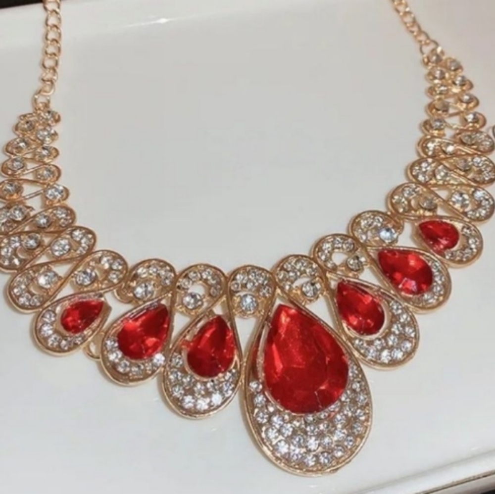 Private Label Gold-Tone Necklace and Earring Set with Red Teardrop Crystals NEW